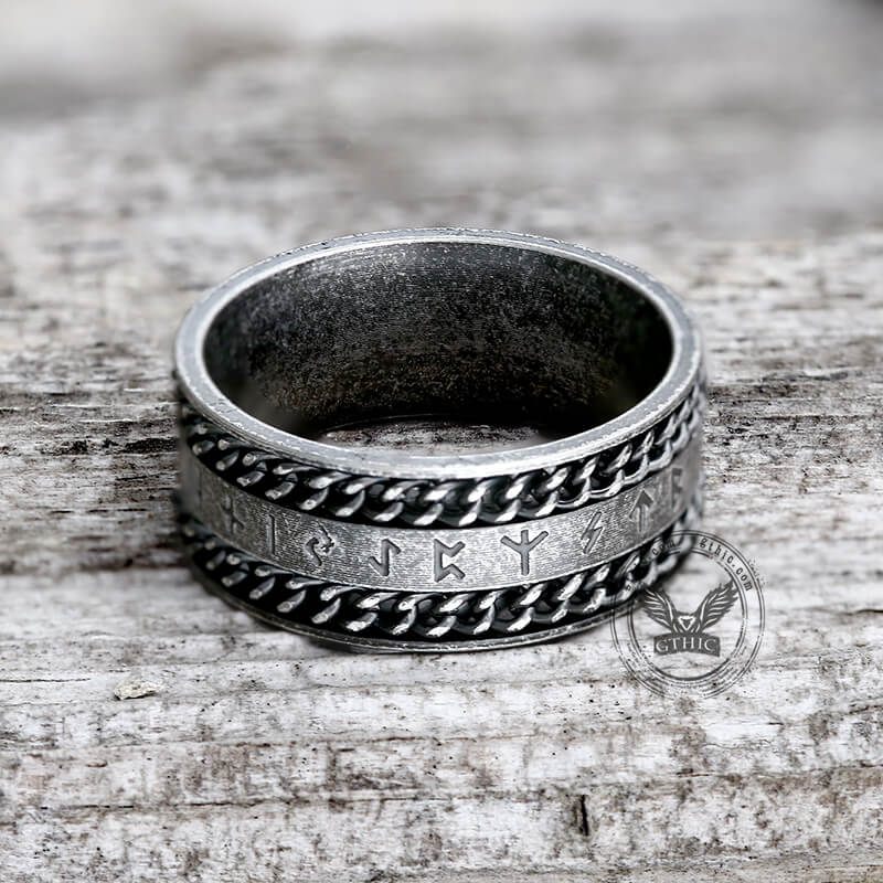 Double Chain Runes Viking Ring in Stainless Steel