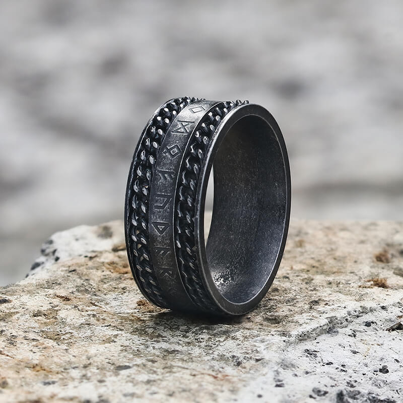 Double Chain Runes Viking Ring in Stainless Steel
