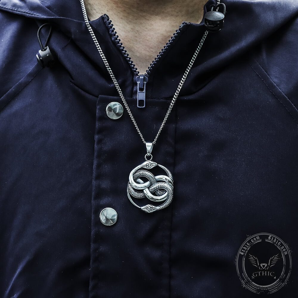 Double Ouroboros Snake Animal Pendant in Stainless Steel