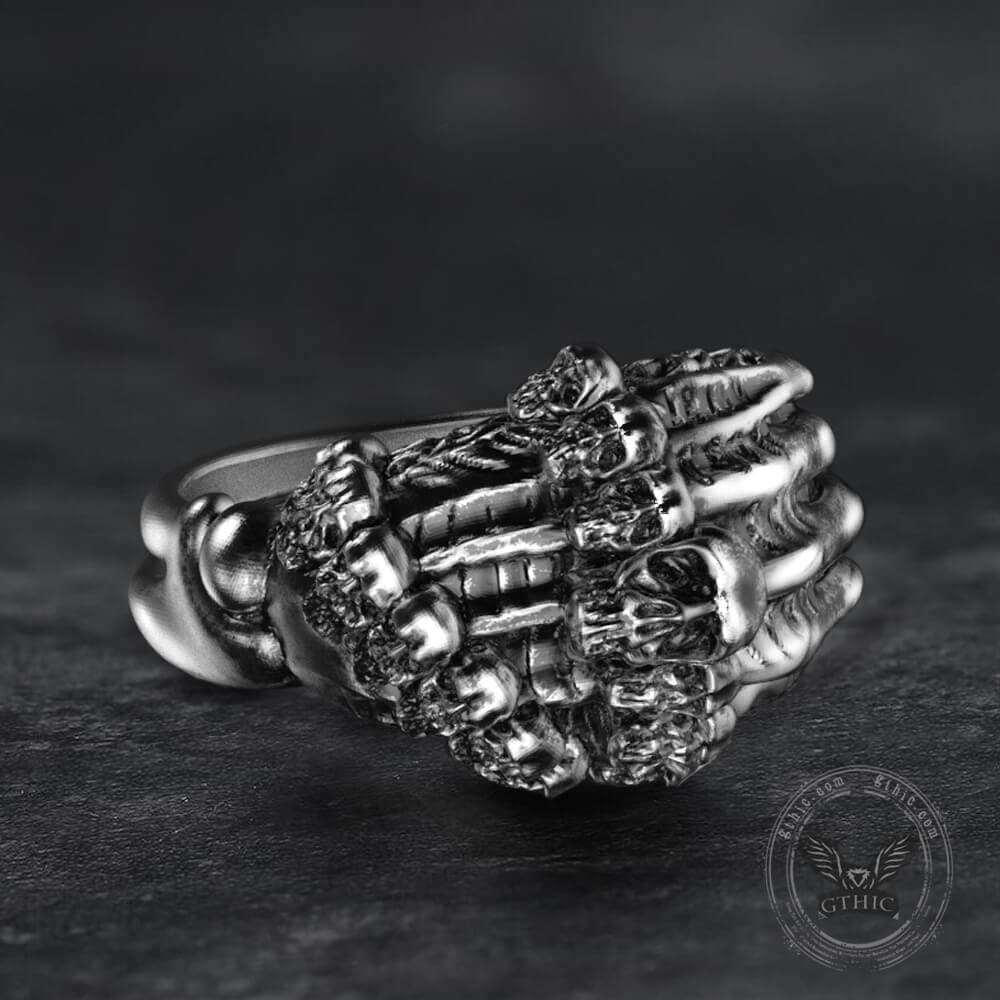 Dubbele rij Skull Claw Sterling Zilver Messing Ring