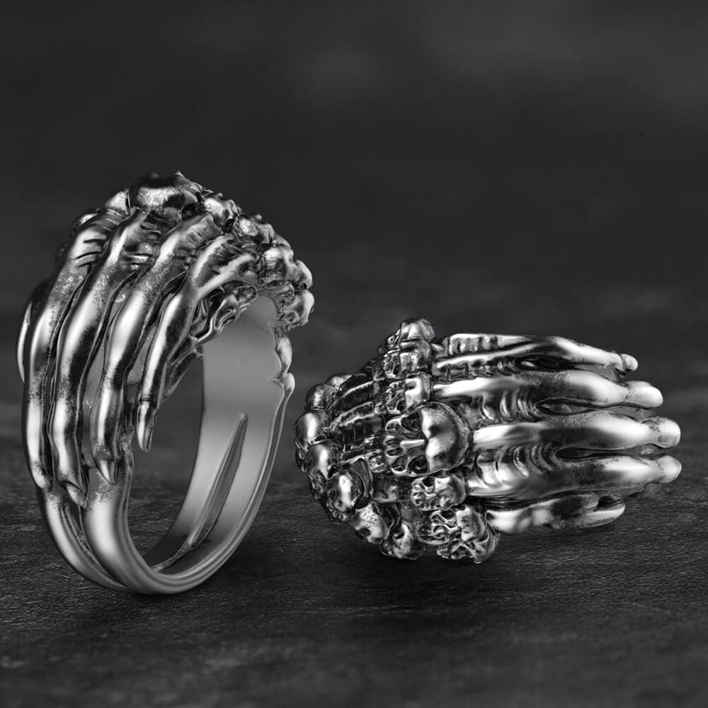 Dubbele rij Skull Claw Sterling Zilver Messing Ring