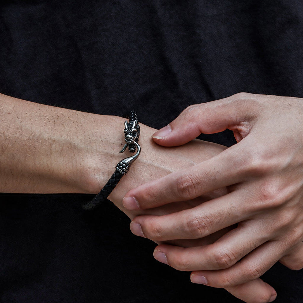 Dragon Clasp Stainless Steel Leather Bracelet