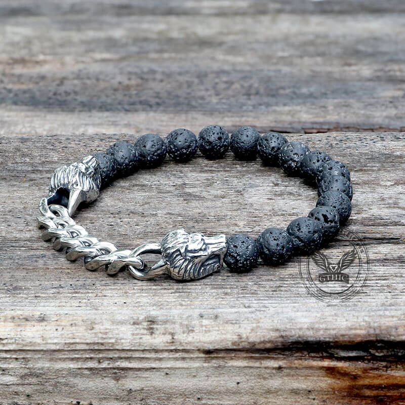 Dragon Head Volcanic Stone Stainless Steel Bead Bracelet