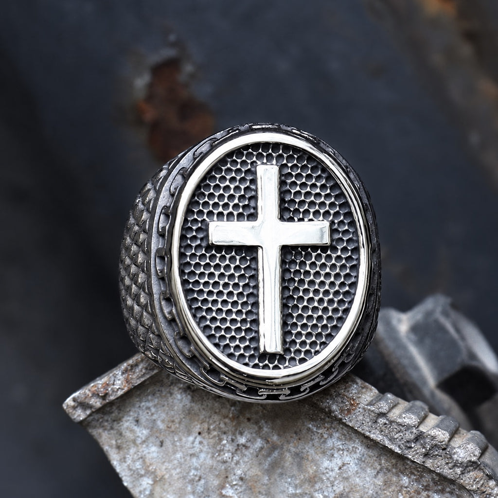 Dragon Scale Pattern Cross Ring in Stainless Steel