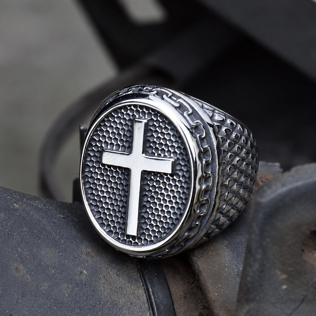 Dragon Scale Pattern Cross Ring in Stainless Steel