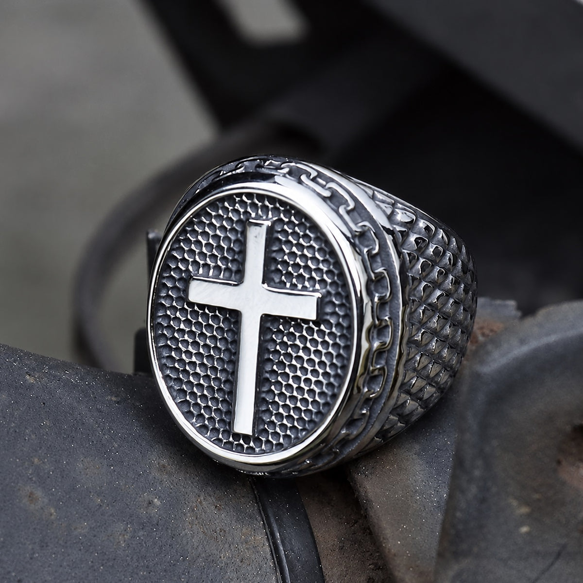 Dragon Scale Pattern Cross Ring in Stainless Steel