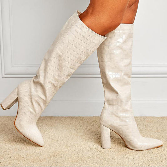 Fashion Chunky High Heel Pointed Toe Slip-on High Boots