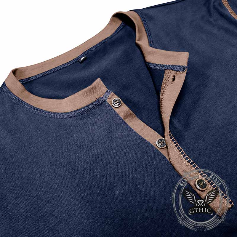 Fashion Colorblock Crew Neck Henley Polo Shirt