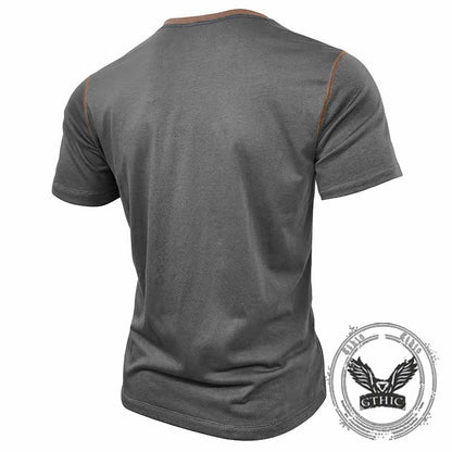 Fashion Colorblock Crew Neck Henley Polo Shirt