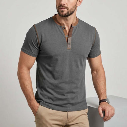 Fashion Colorblock Crew Neck Henley Polo Shirt