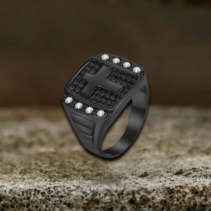 Fashion Cross Diamond-Set Ring in Stainless Steel