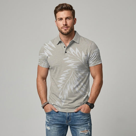 Fashion Leaf Print Short Sleeve Lapel Polo Shirt