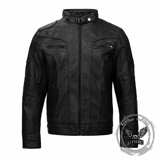 Fashion Solid Stand Collar PU Leather Cycling Jacket