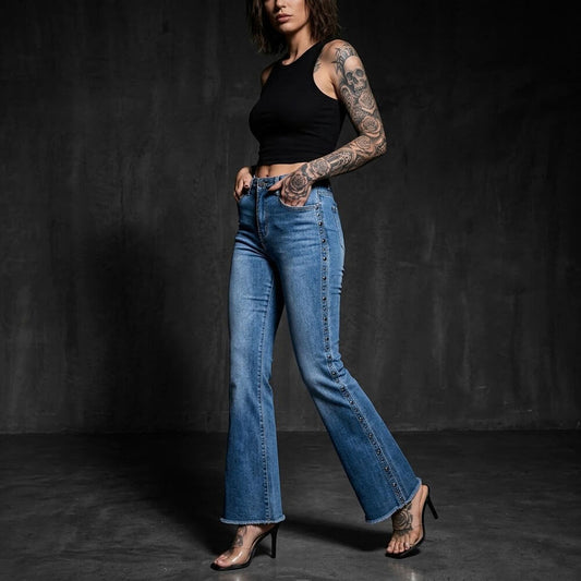 Fashion Stretch Side Studs Raw Hem Bootcut Jeans