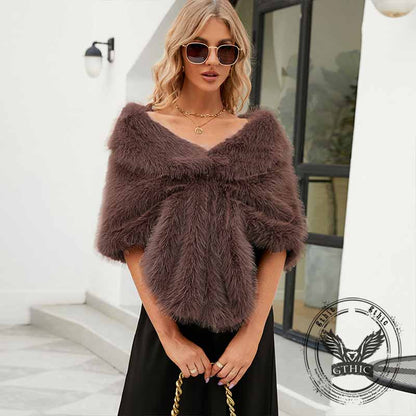 Fashion V-Neck Faux Fur Party Gown Plush Shawl