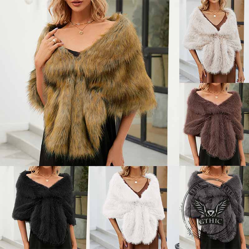 Fashion V-Neck Faux Fur Party Gown Plush Shawl