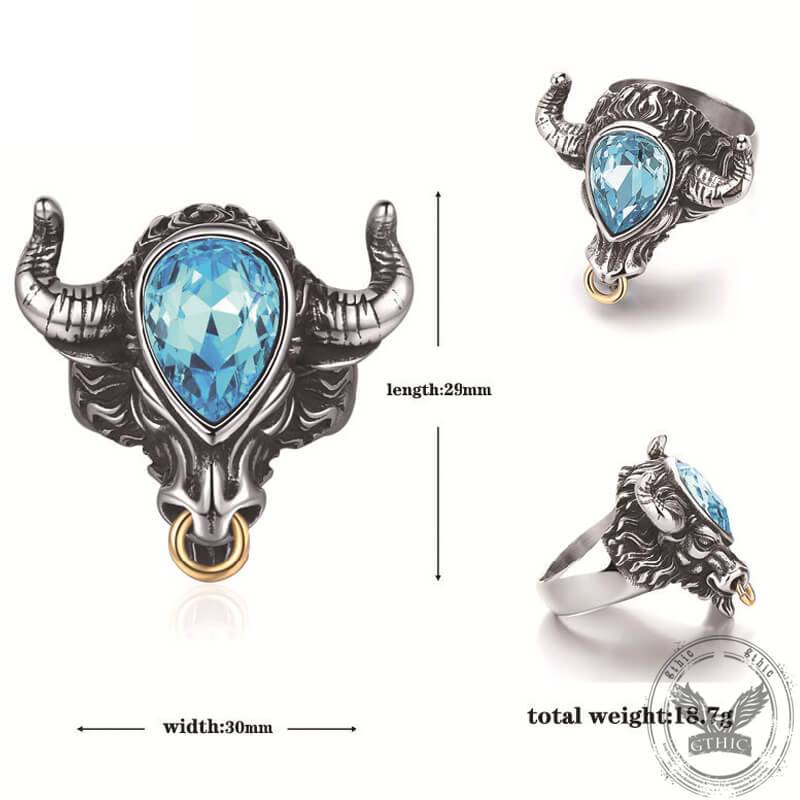 Fashionable Multicolor Gem Bull Head Ring in Stainless Steel