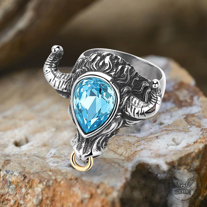 Fashionable Multicolor Gem Bull Head Ring in Stainless Steel
