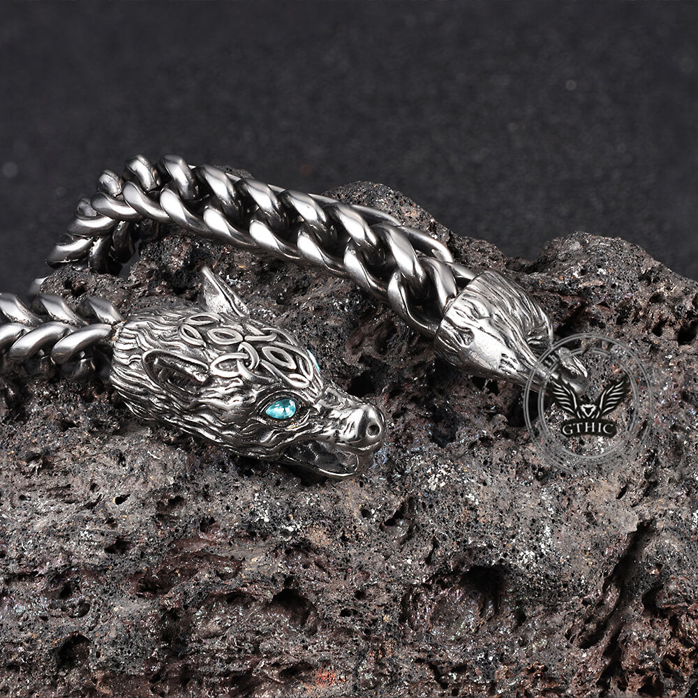 Fenrir Wolf Head Gem Eye Bracelet in Stainless Steel