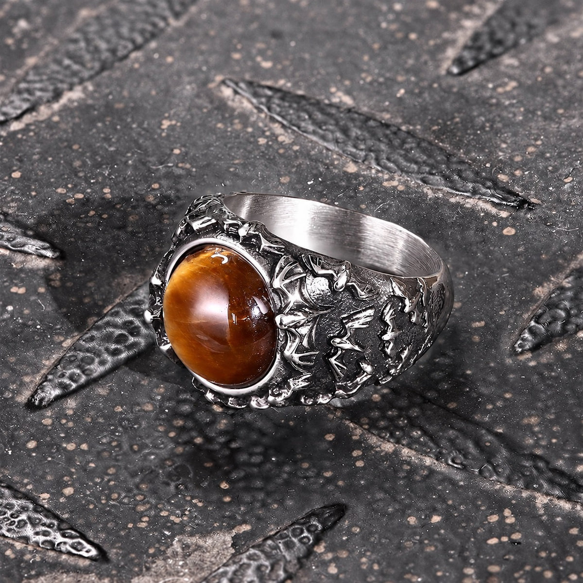 Flying Bats Stainless Steel Gemstone Ring