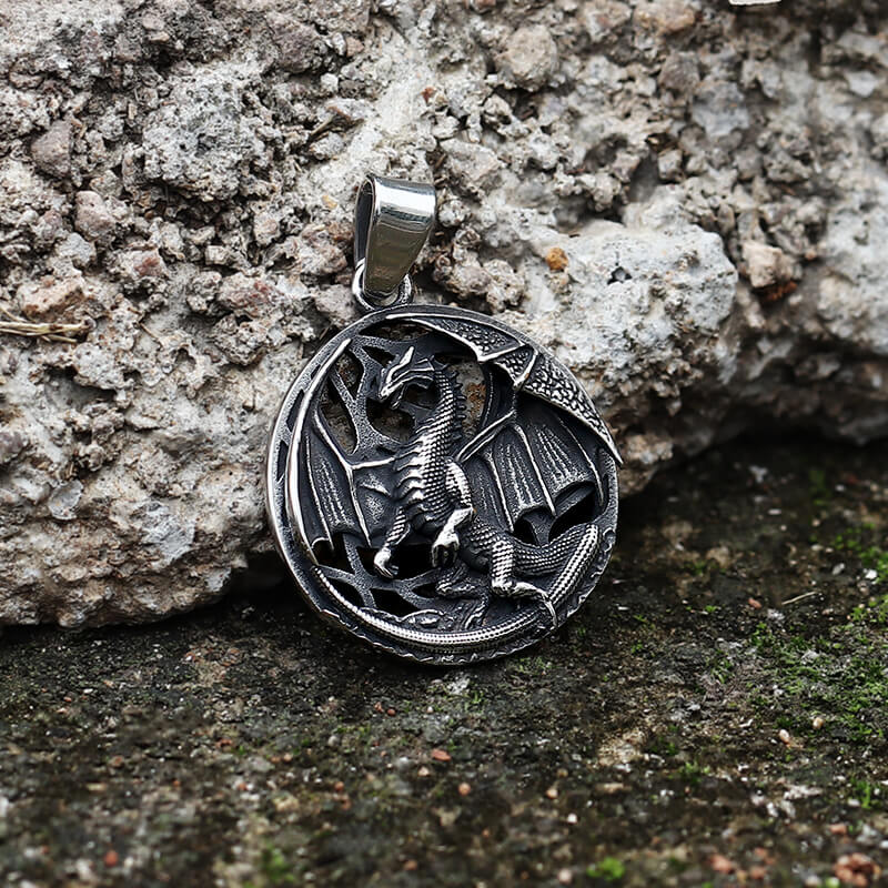 Flying Dragon Amulet Pendant in Stainless Steel