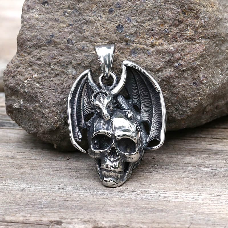 Flying Dragon Skull Pendant in Stainless Steel