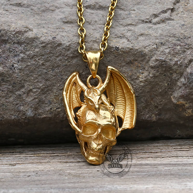 Flying Dragon Skull Pendant in Stainless Steel
