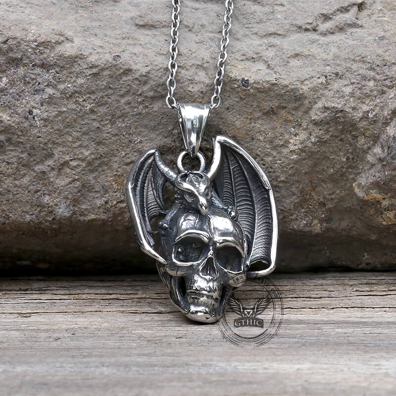 Flying Dragon Skull Pendant in Stainless Steel