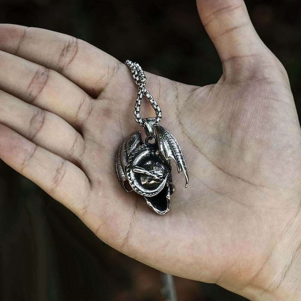 Flying Dragon Skull Pendant in Stainless Steel