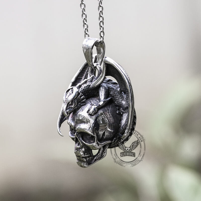 Flying Dragon Skull Pendant in Stainless Steel