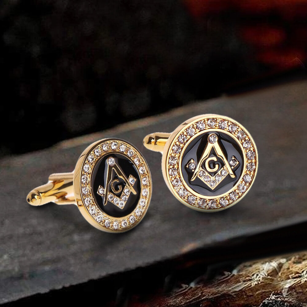 Freemasonry Symbol Diamond-Inlaid Masonic Cufflinks in Brass