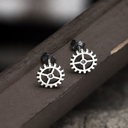 Gear Wheel Punk Stud Earrings in Sterling Silver