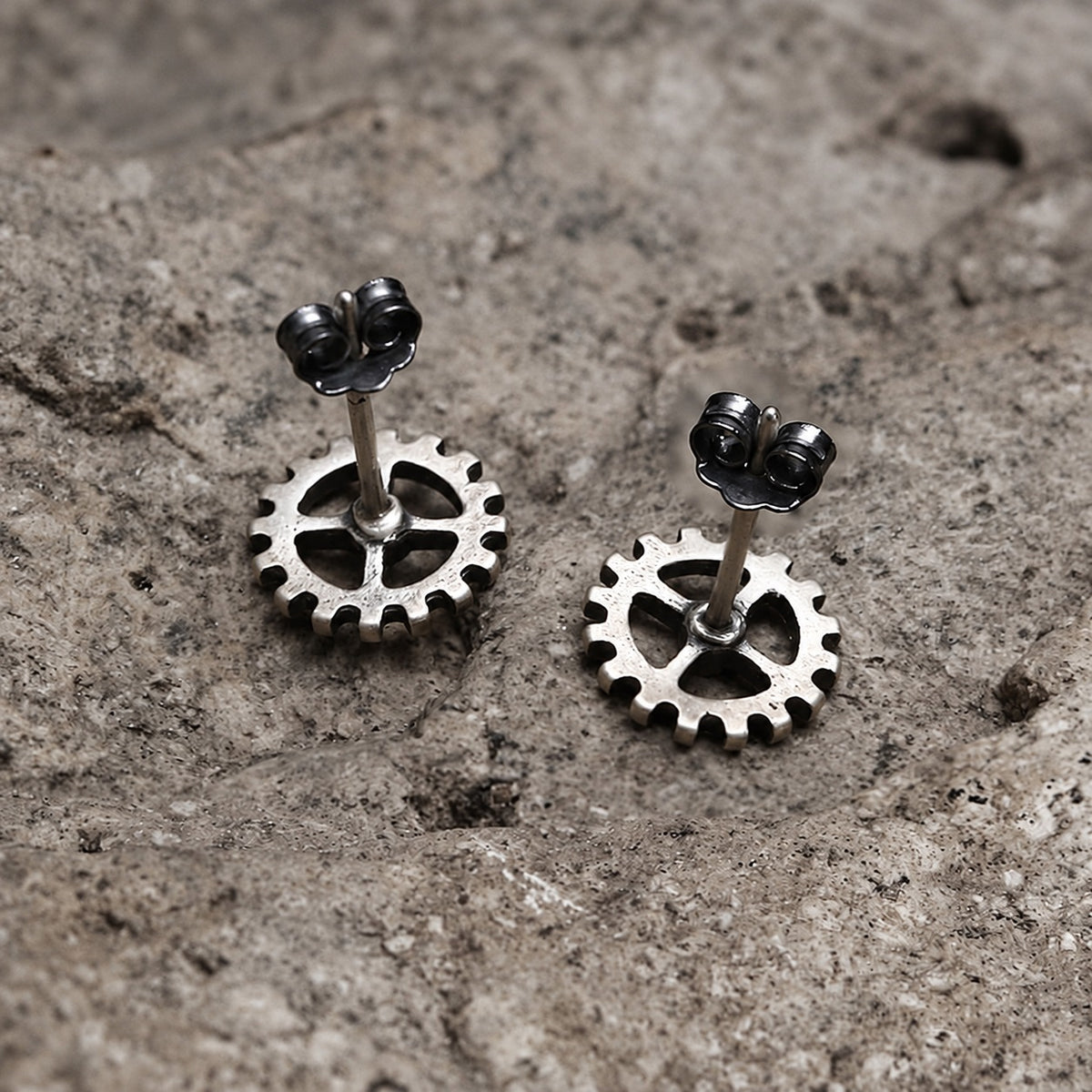 Gear Wheel Punk Stud Earrings in Sterling Silver