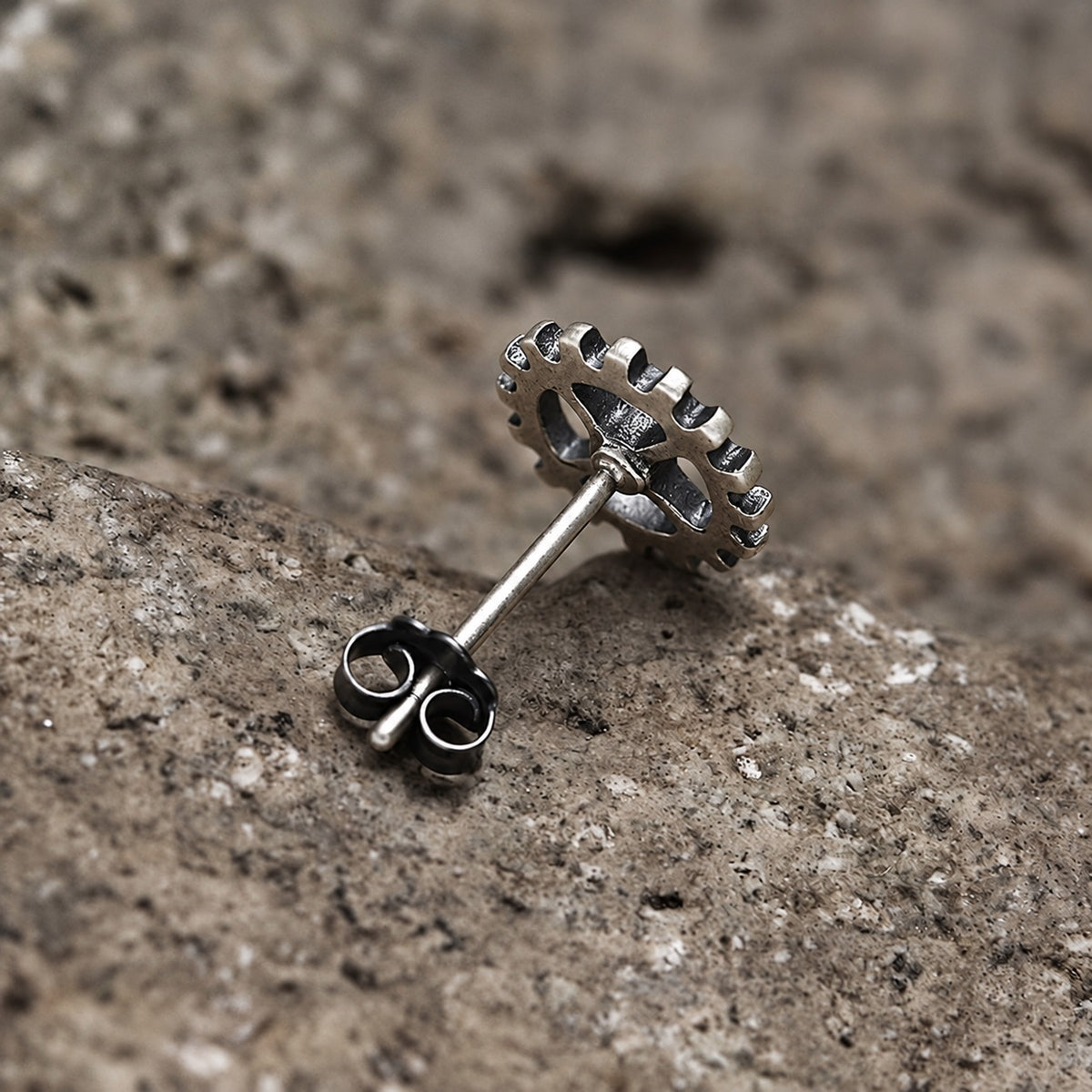 Gear Wheel Punk Stud Earrings in Sterling Silver