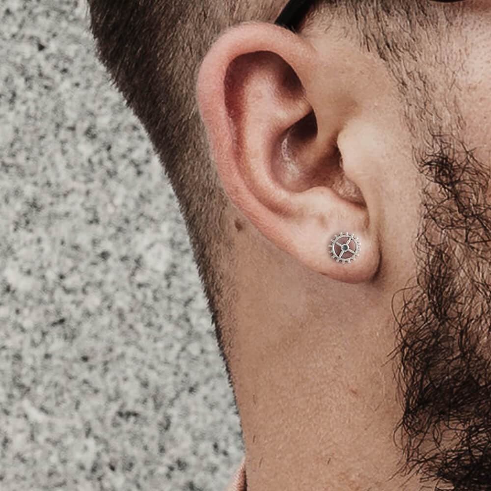 Gear Wheel Punk Stud Earrings in Sterling Silver