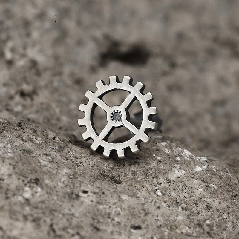 Gear Wheel Punk Stud Earrings in Sterling Silver