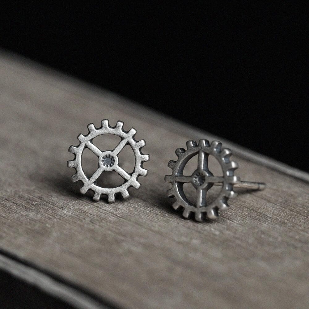 Gear Wheel Punk Stud Earrings in Sterling Silver