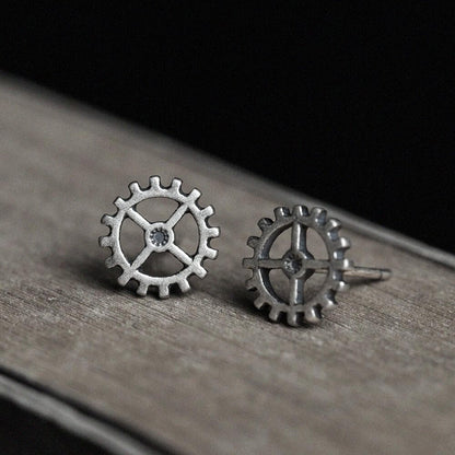Gear Wheel Punk Stud Earrings in Sterling Silver