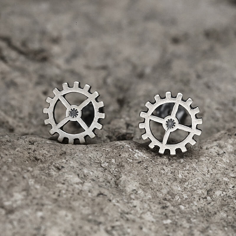 Gear Wheel Punk Stud Earrings in Sterling Silver