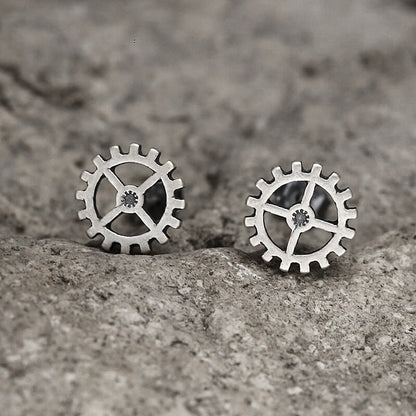 Gear Wheel Punk Stud Earrings in Sterling Silver