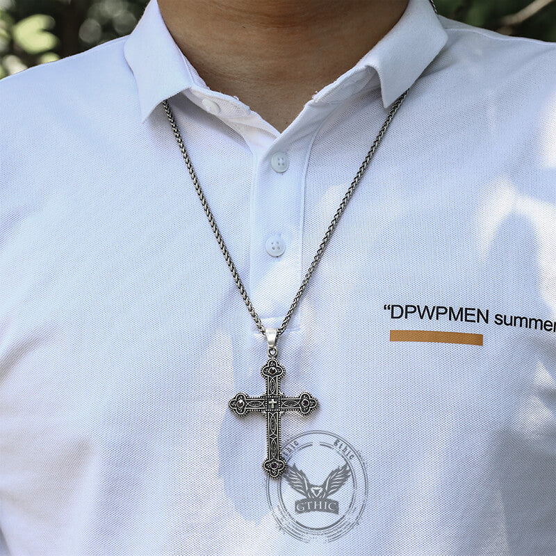 Gem-Set Budded Cross Pendant in Stainless Steel
