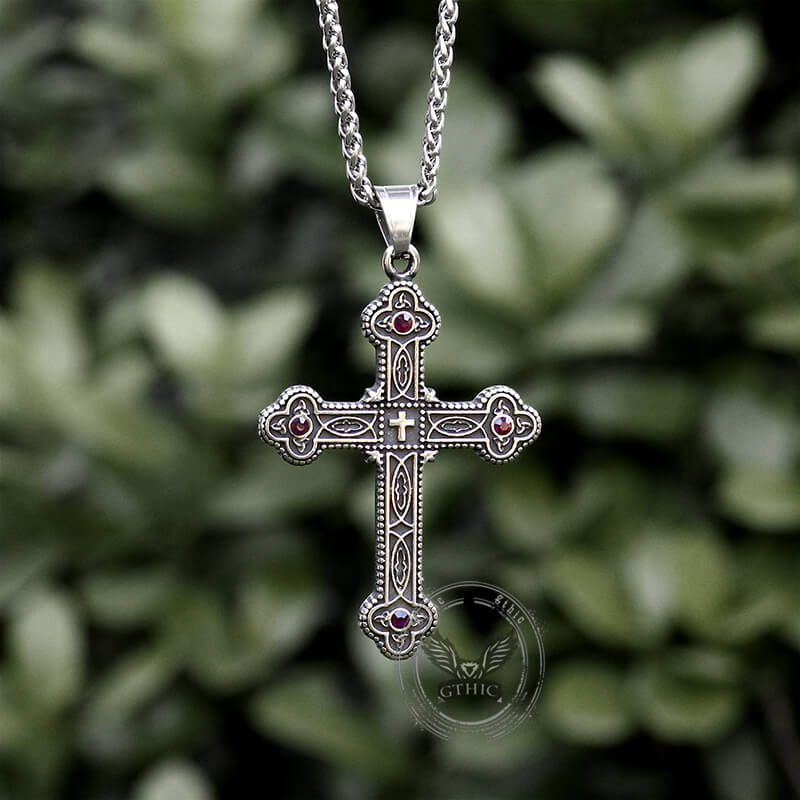 Gem-Set Budded Cross Pendant in Stainless Steel