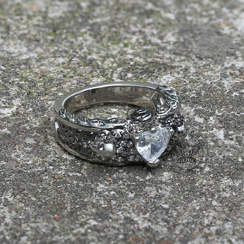 Goth Death Rose Brass Skull Wedding Ring