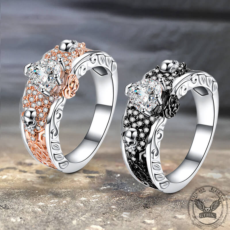 Goth Death Rose Brass Skull Wedding Ring