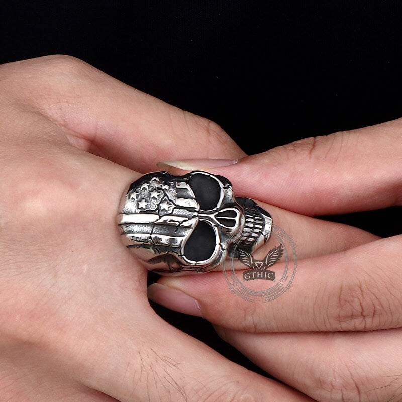 Gothic American Flag Skull Domineering Stainless Steel Ring
