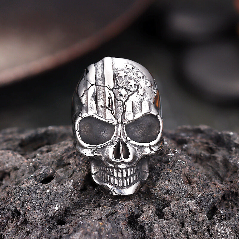 Gothic American Flag Skull Domineering Stainless Steel Ring