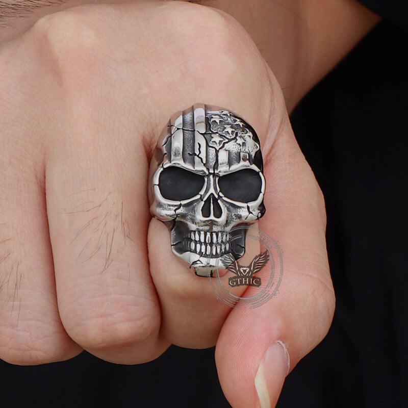 Gothic American Flag Skull Domineering Stainless Steel Ring