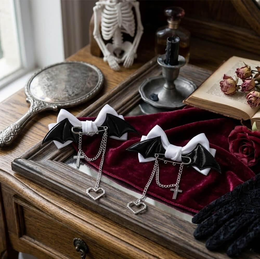 Gothic Bat-Wing Cross Chain Bow Hair Clips