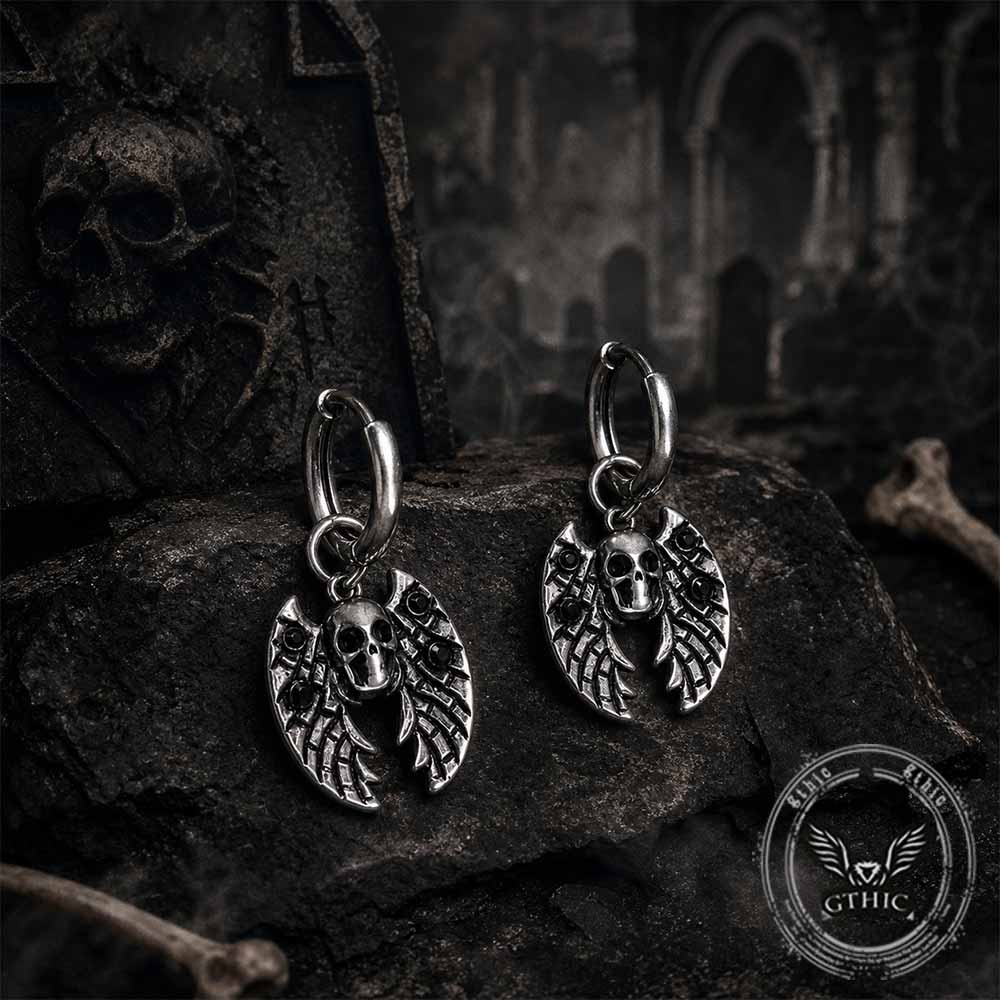 Gothic Bat Skull Dangle Earrings in Stainless Steel