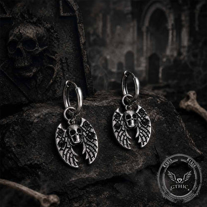 Gothic Bat Skull Dangle Earrings in Stainless Steel